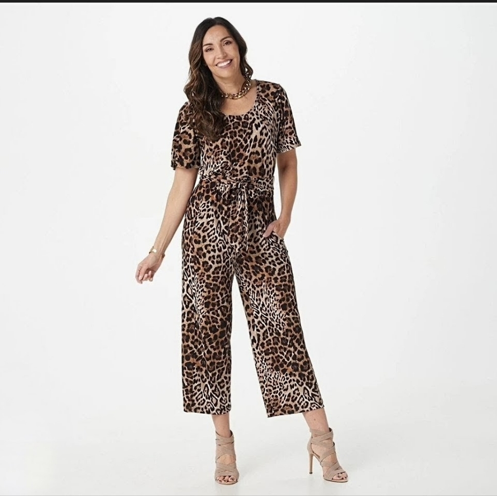 Susan Graver Animal Print Short Sleeve Jumpsuit Elastic Waist Tie Size 2X Petite